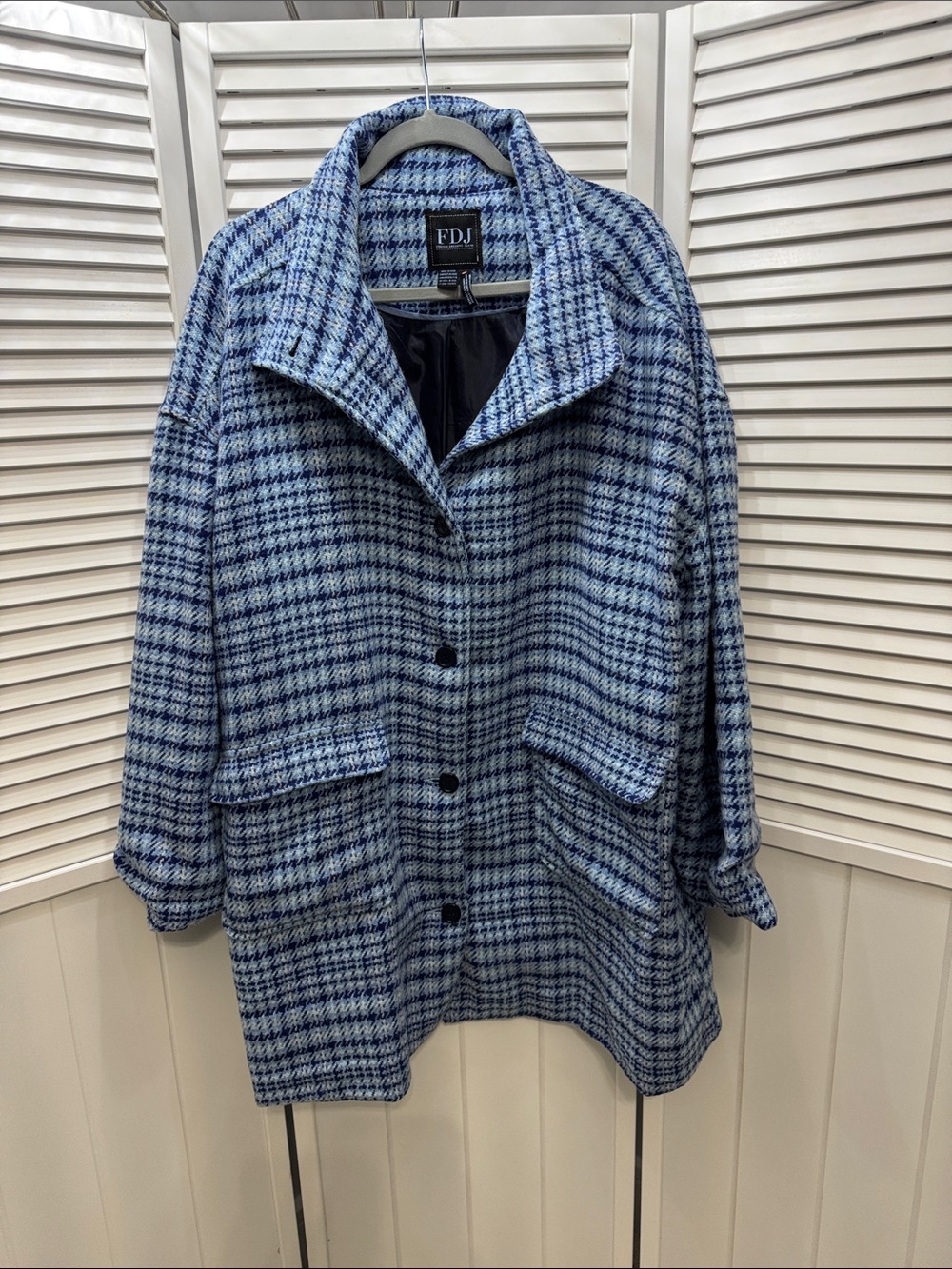 FDJ Blue Plaid Pea Coat with Oversized Collar